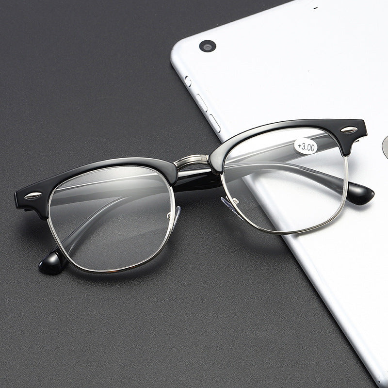 Half frame retro rice stud myopia glasses