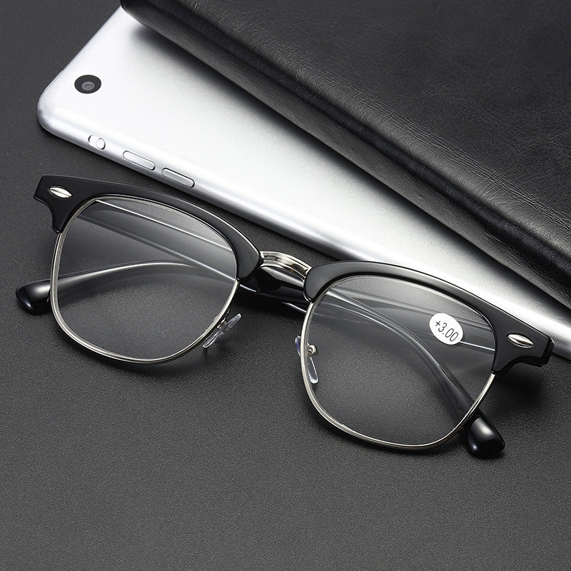 Half frame retro rice stud myopia glasses