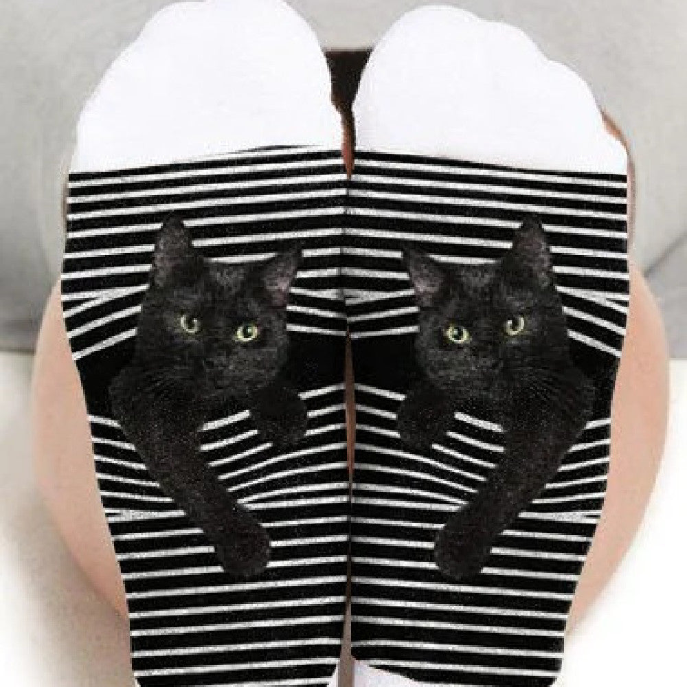 Black And White Striped Animal Cat Print Medium Tube Socks